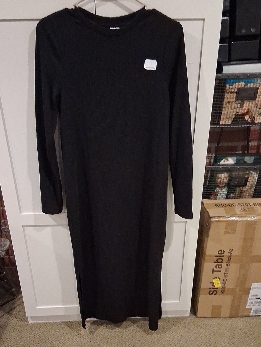 Maternity Long Black Ribbed Knit Dress with Long Sleeves